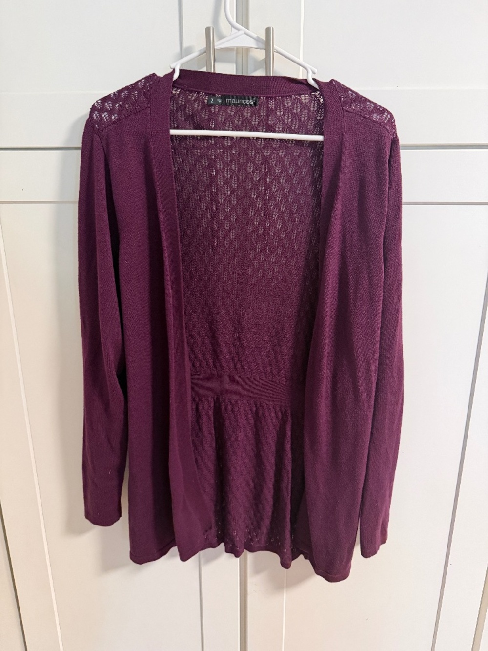Maurices Size 2 Plum Burgundy Lace Back Open Front Cardigan